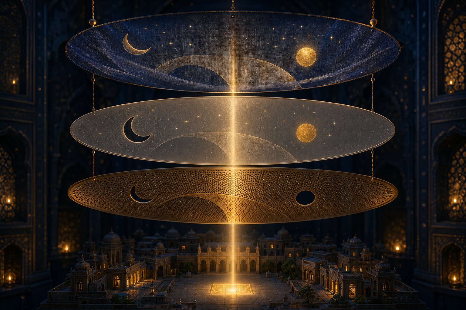 Translucent celestial screens align to cast one clear golden window of light onto a miniature courtyard.
