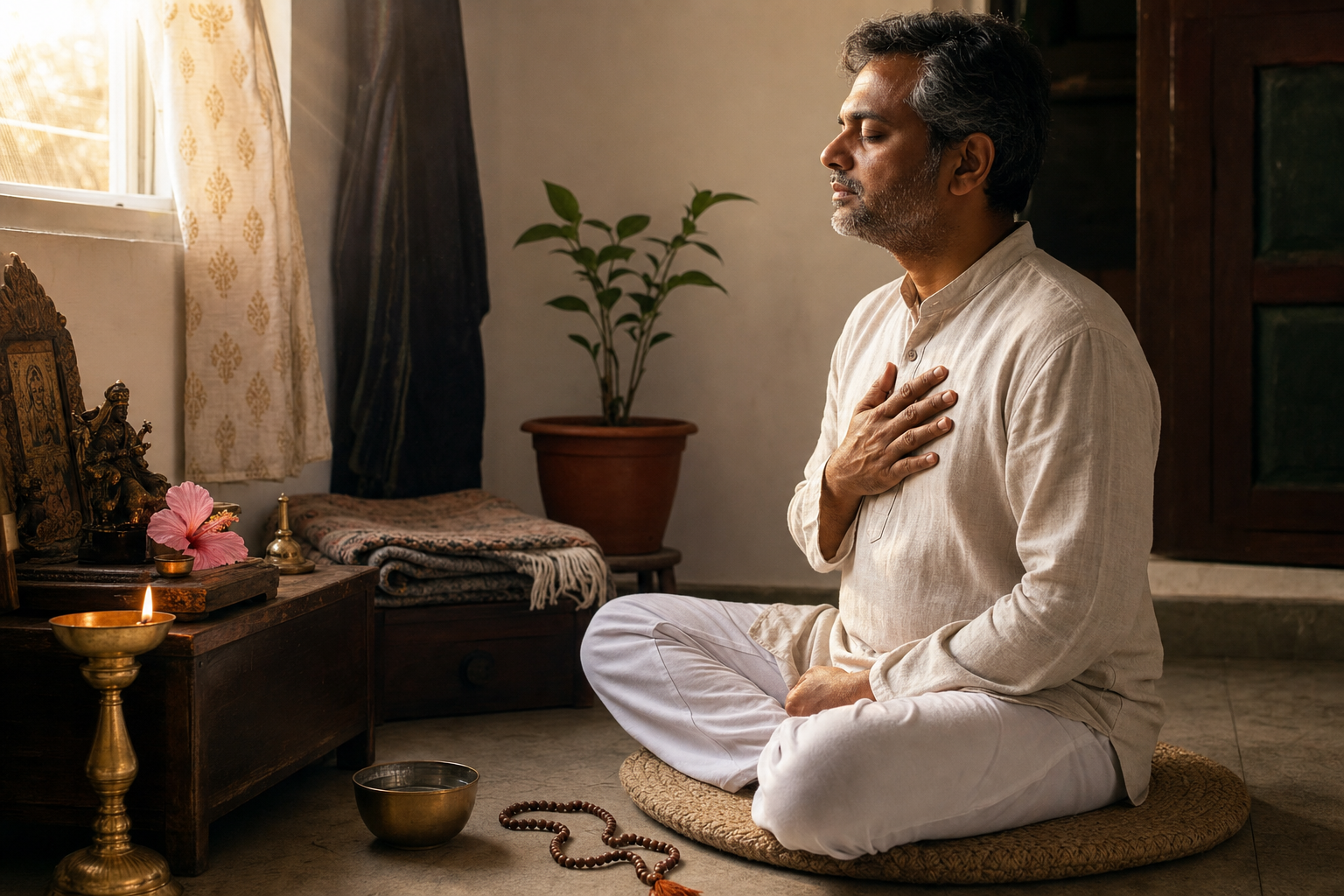 A householder moves from a simple lamp and flower offering into seated silent reflection at home.