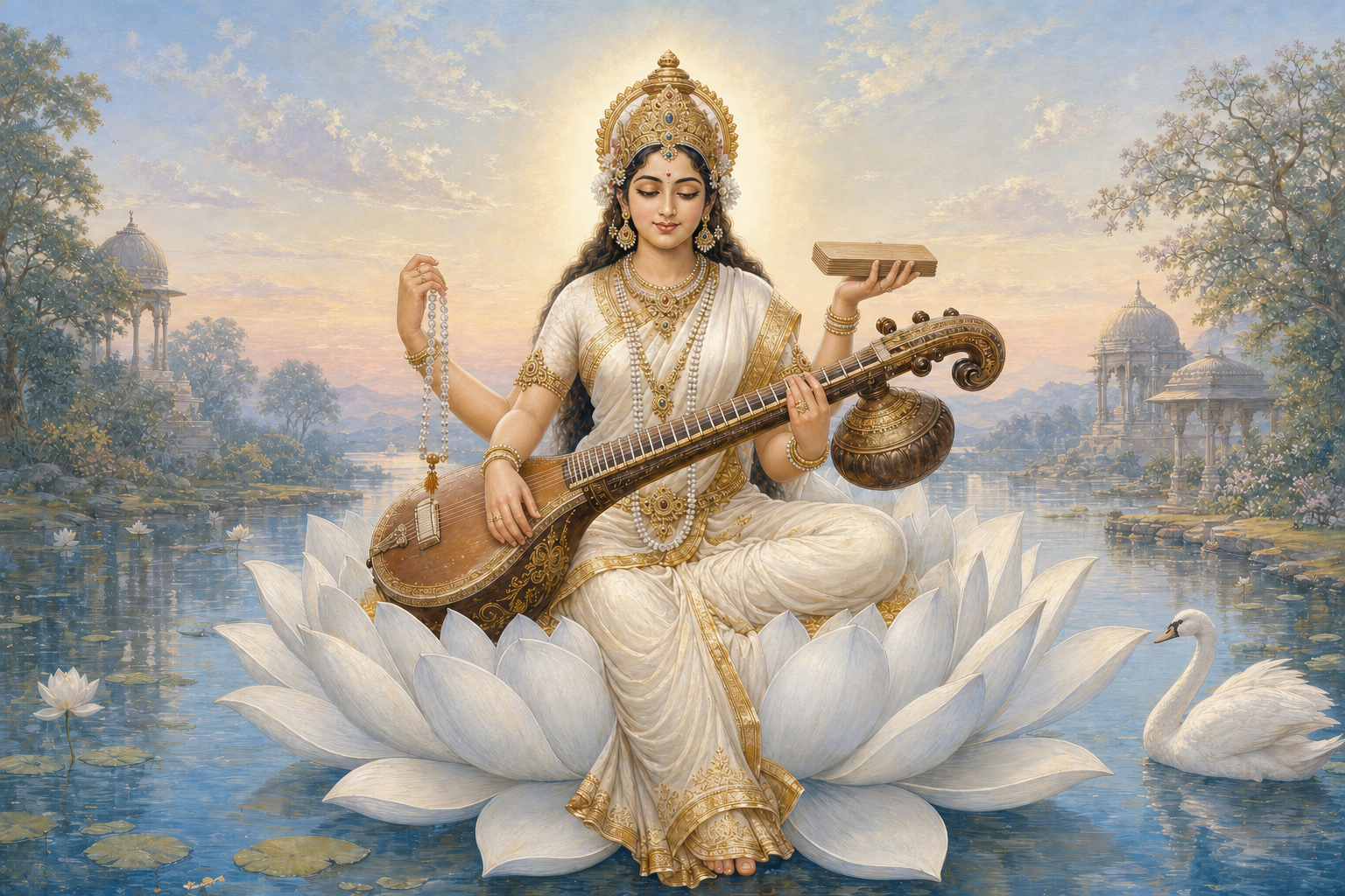 Illustration of Saraswati in a white sari seated on a large white lotus, playing a veena and holding a manuscript and rosary, with a swan beside the flower.