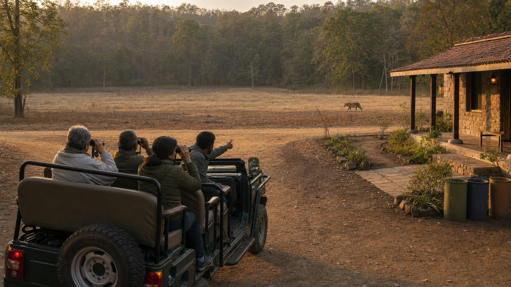 Visitors watch a distant Bengal tiger from a vehicle on a designated track near a small community-run nature lodge outside the forest habitat.