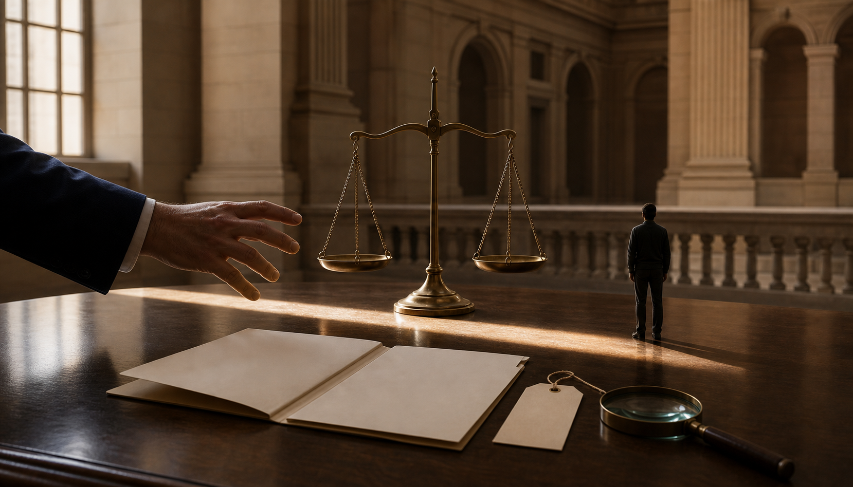 A brass scale and a band of courtroom light stand between an official hand and an anonymous accused figure.