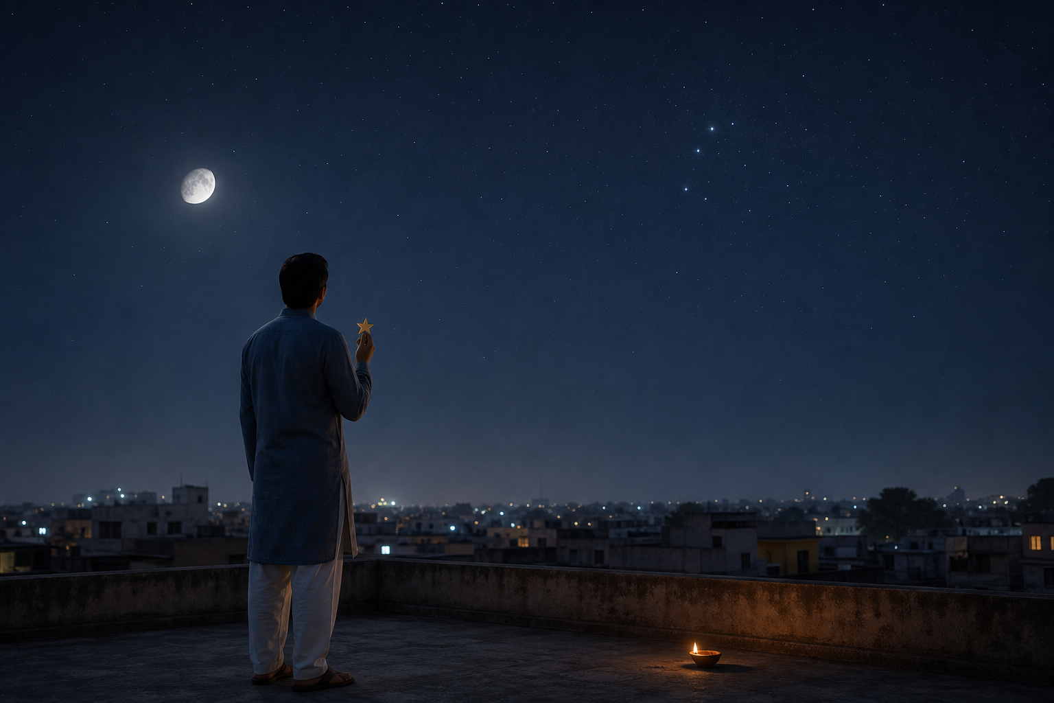 A person on a rooftop holds a small brass star token while looking at the moon and a subtly brighter cluster of stars.
