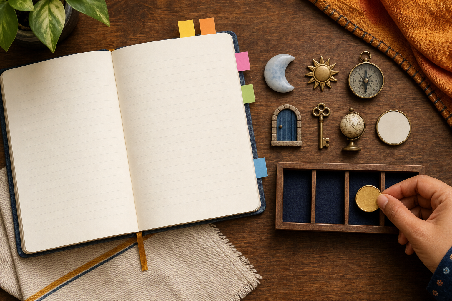 A hand sorts symbolic timing tokens beside a blank tabbed notebook, compass, key, moonstone, and miniature doorway on a wooden desk.