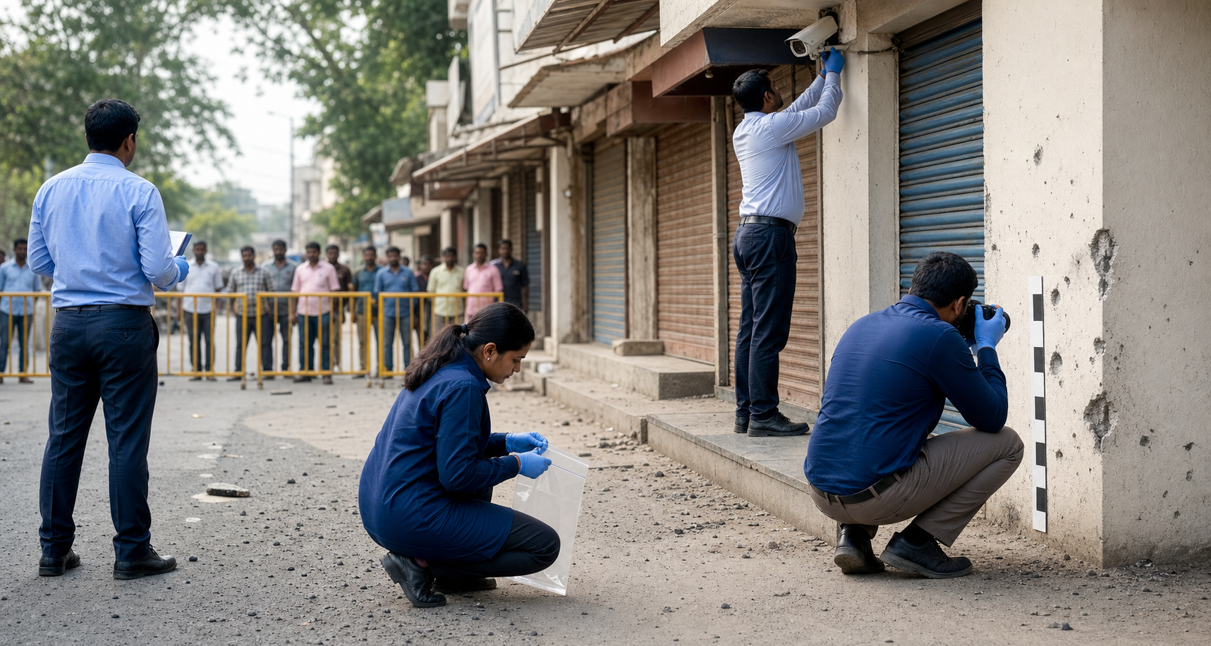 Forensic personnel photograph damage, collect evidence, and inspect a security camera on a cordoned street.