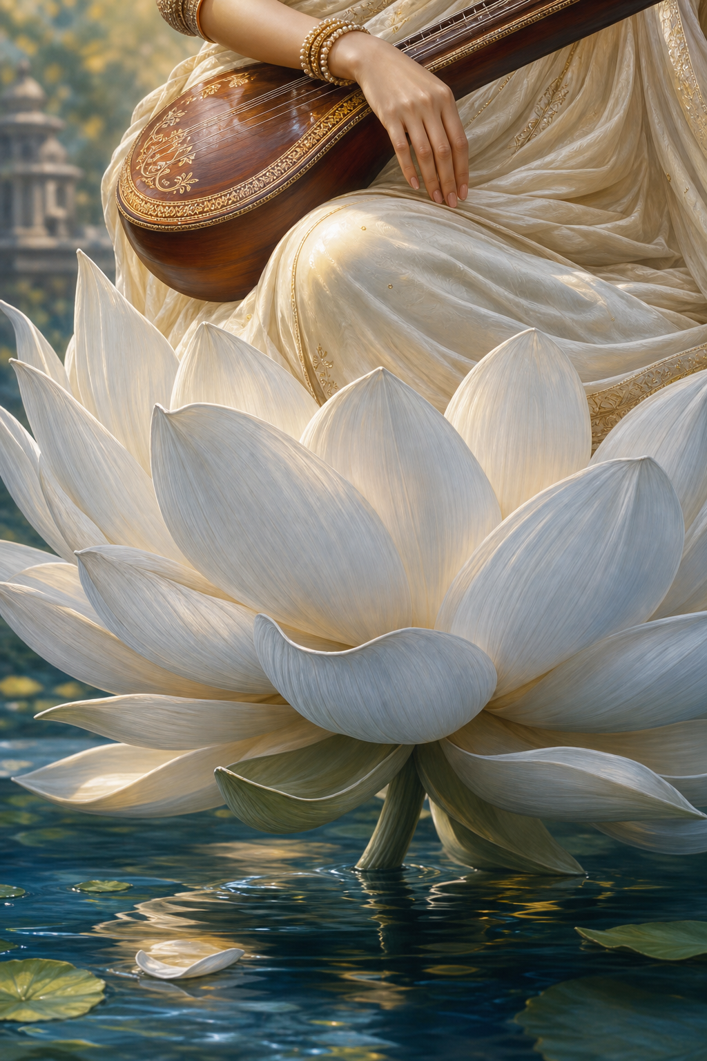 Close view of a large white lotus supporting the lower figure of Saraswati, with folds of her white sari and part of a veena visible above the petals.