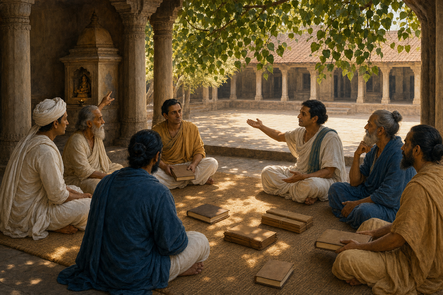 Scholars and practitioners discuss differing spiritual views while seated together in a shaded courtyard.