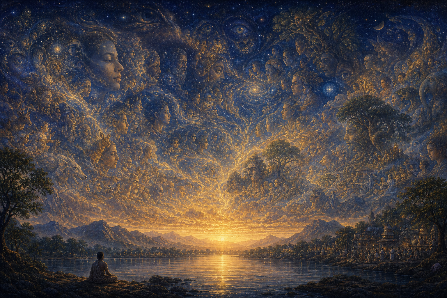 A seated practitioner faces a cosmic landscape in which luminous faces and eyes appear throughout stars, clouds, mountains, trees, animals, and human communities.