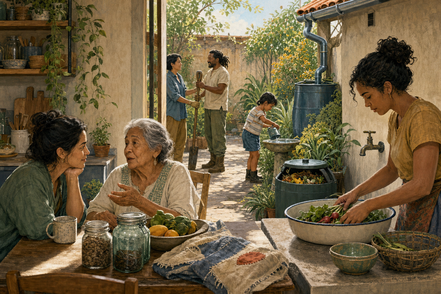 Household members listen, prepare food, conserve water, compost, and share tools with neighbors around a kitchen and courtyard.