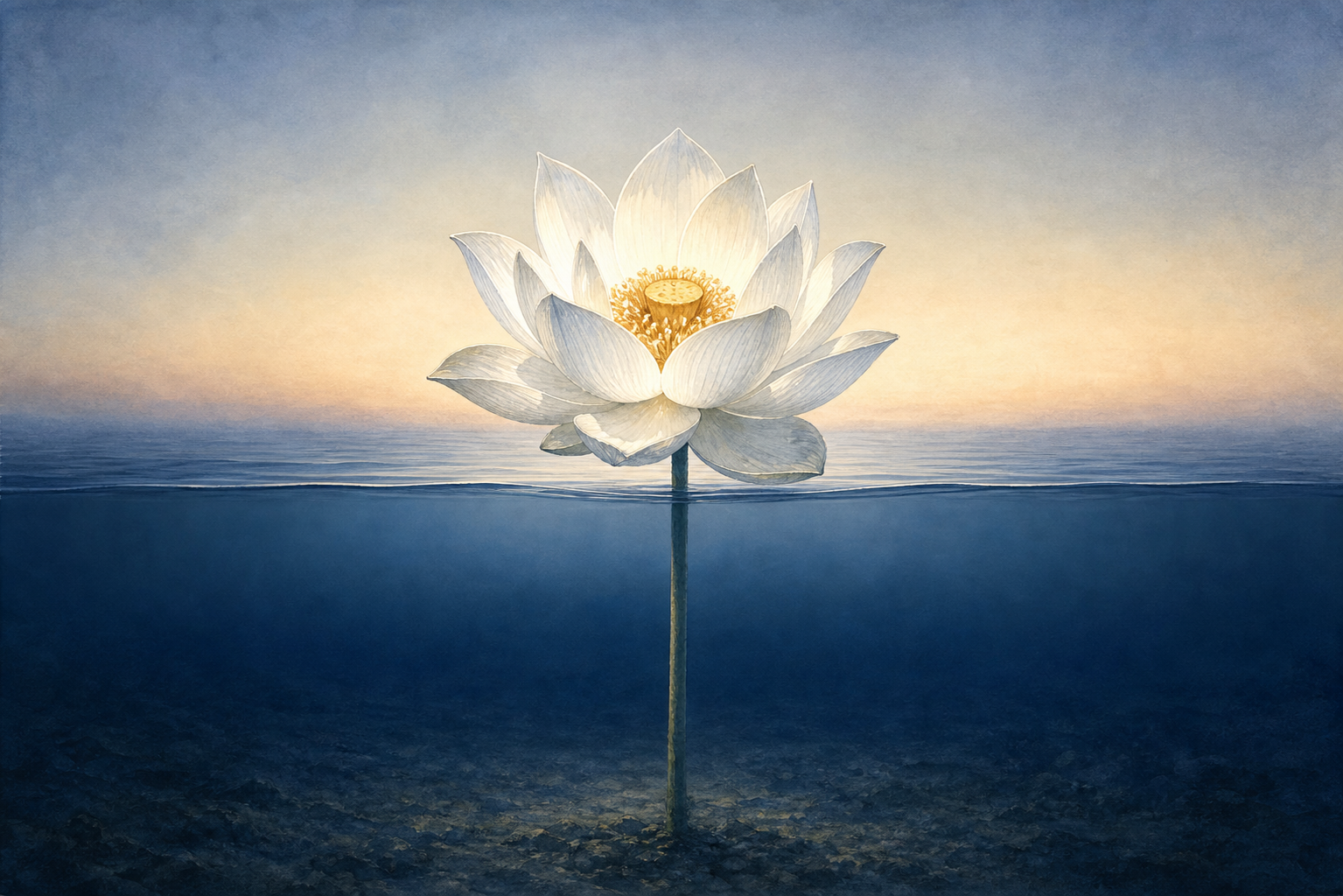 A white lotus with layered petals rises on a long stem above dark, still water illuminated by pale dawn light.
