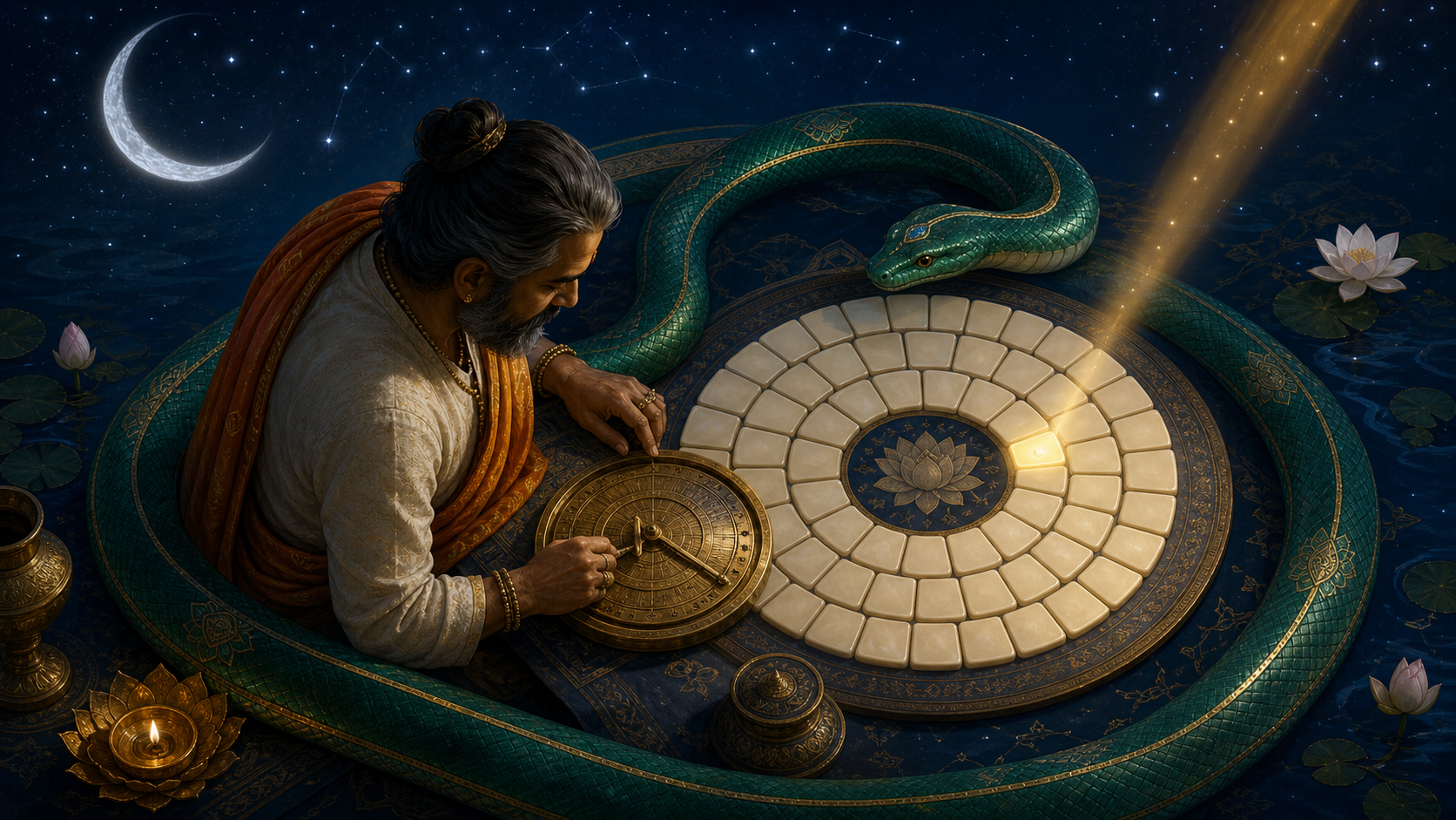 Many equally sized human and animal faces form a luminous constellation around an open center in a dark blue sky.