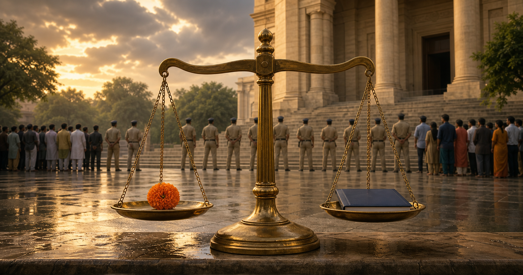 A balanced brass scale with a marigold and an unmarked case file stands on courthouse steps as police calmly separate two distant groups.