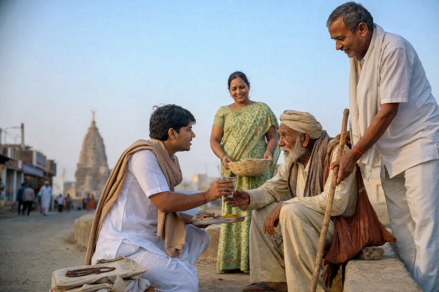 A practitioner offers water and food to an elderly traveler as neighbors help nearby.