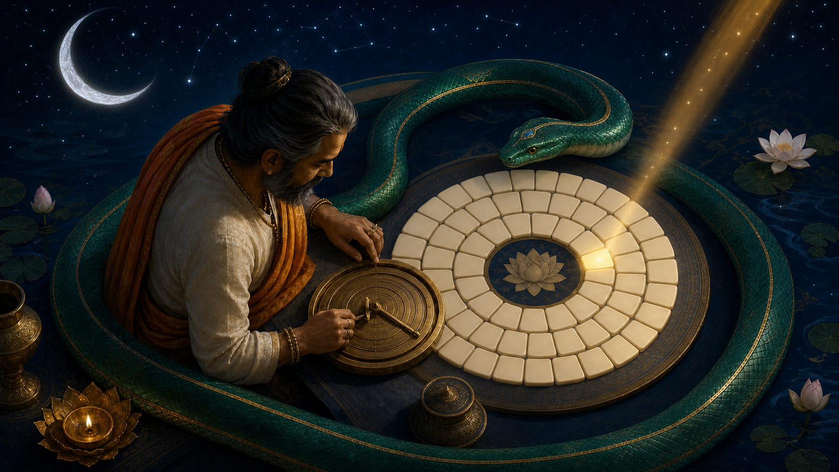 An astrologer studies an unmarked circular timing instrument as a crescent Moon and emerald serpent surround one illuminated golden time window.