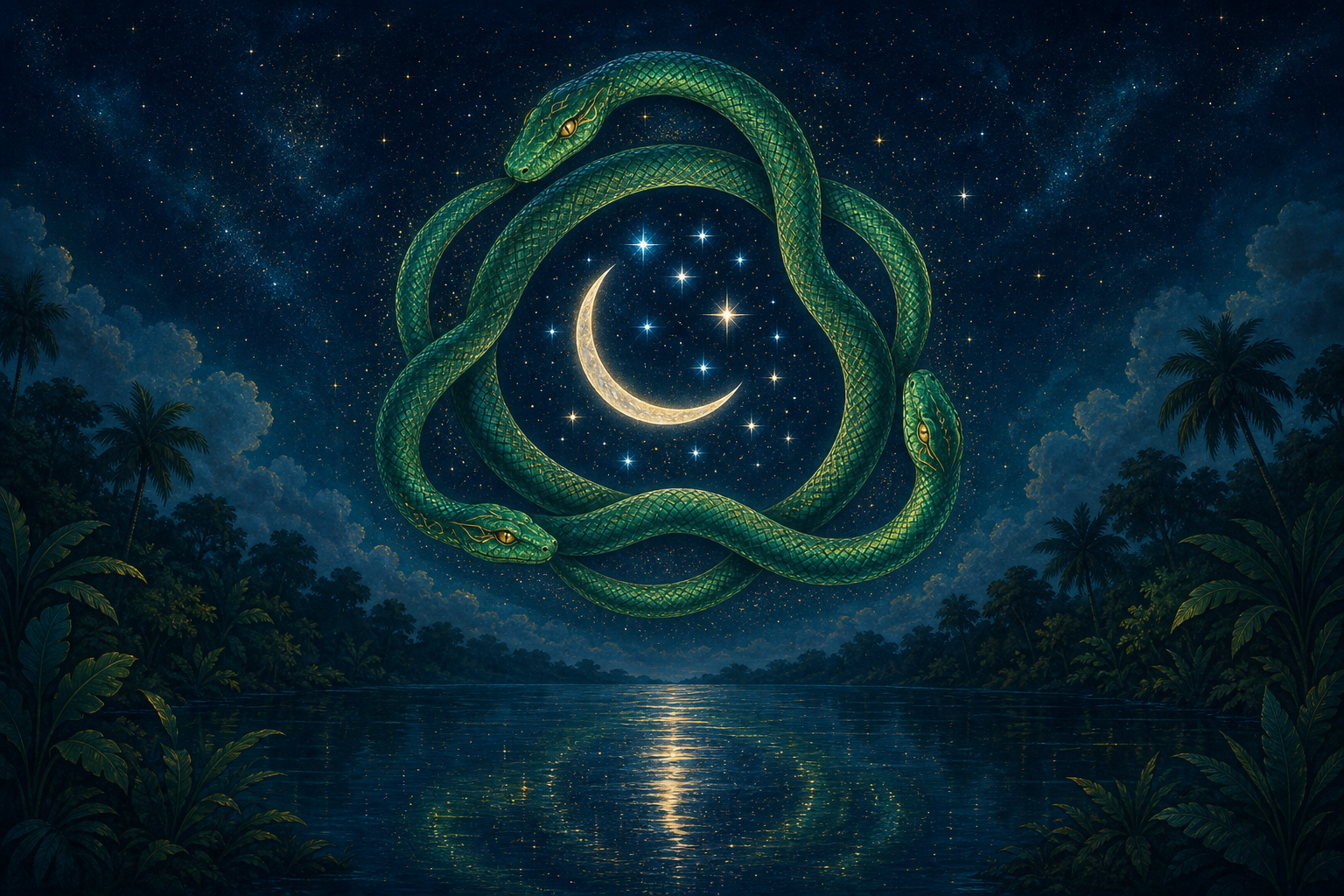 A crescent Moon and compact star cluster are encircled by three intertwined green serpents above a dark reflective river.