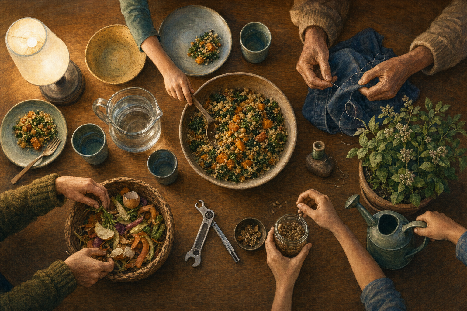 Hands of different ages share food, mend clothing, sort scraps, save seeds, and water a plant around a household table.