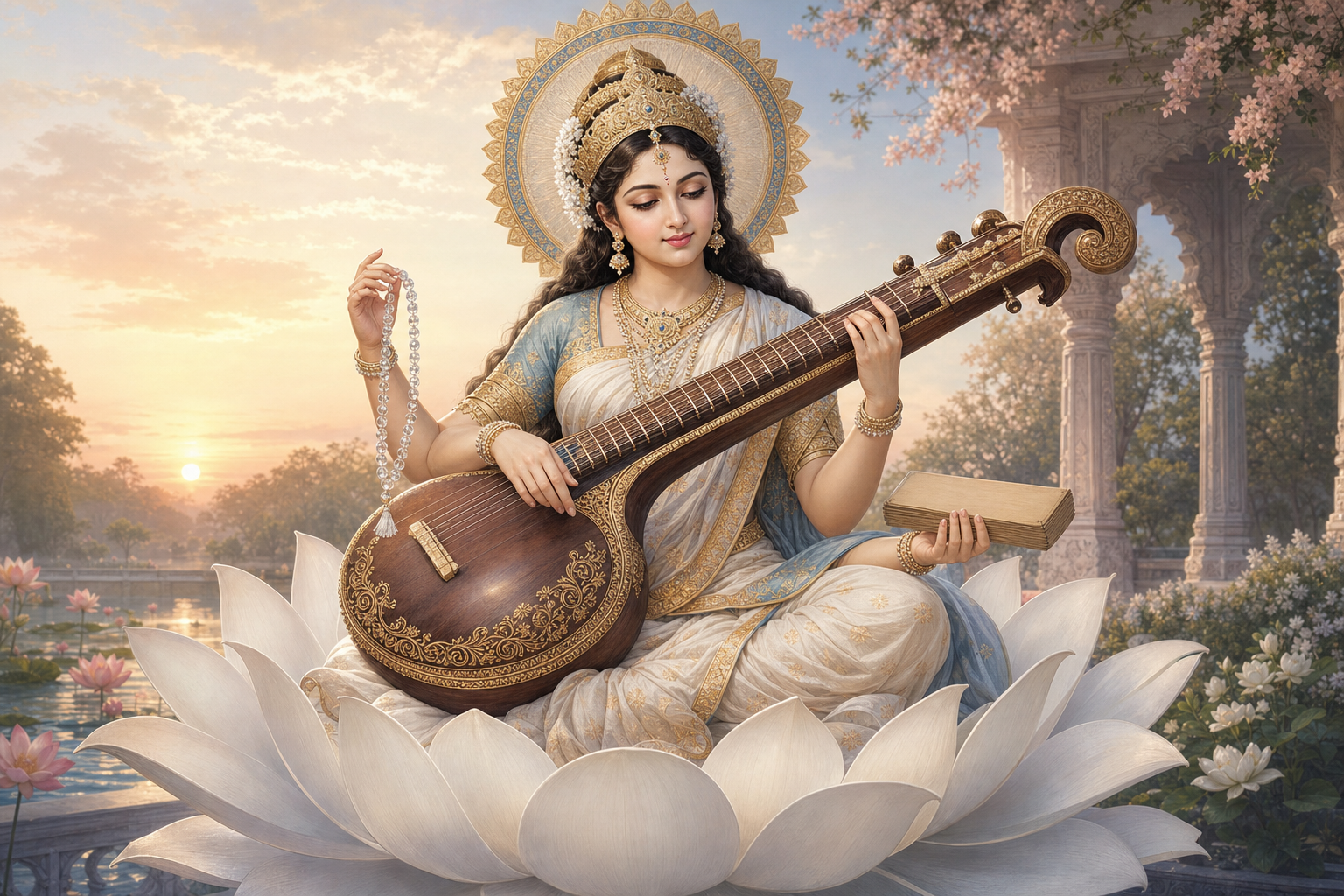Saraswati sits on a white lotus while playing a veena and holding a blank manuscript and crystal rosary in her other hands.