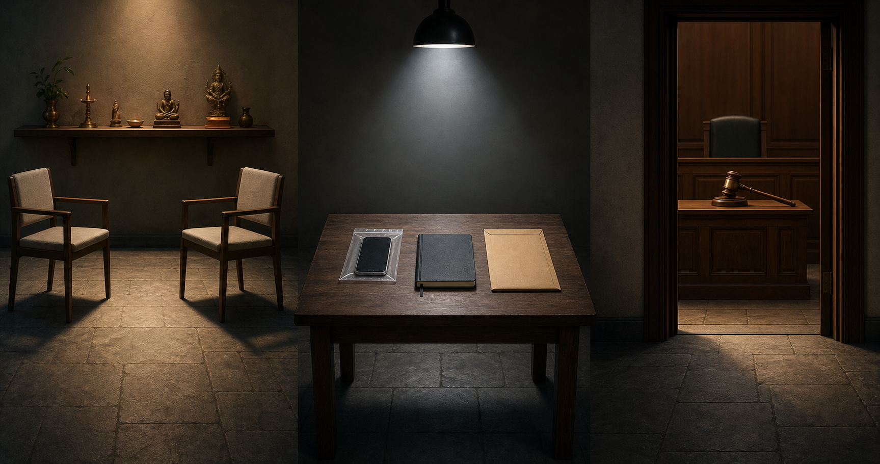 Three connected spaces show a community meeting room, an evidence table with a phone and folder, and the entrance to a courtroom.