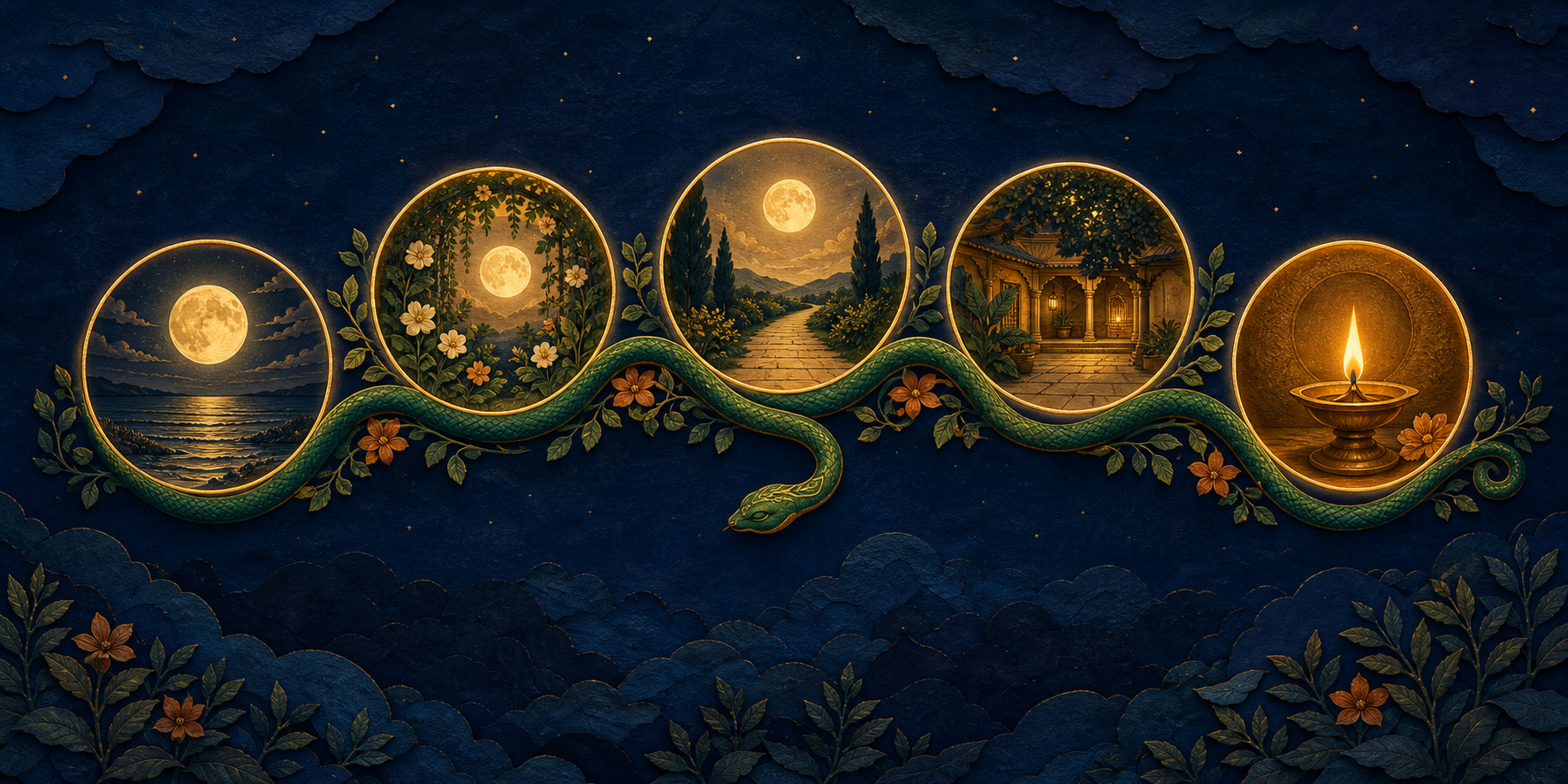 Five glowing moonlit gateways linked by a green serpentine ribbon stand out against many dim paths in an indigo landscape.