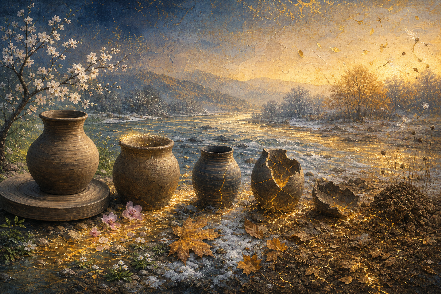 Clay vessels, leaves, flowers, frost, and seeds pass through stages of formation and decay beside a river while golden light continues through the scene.