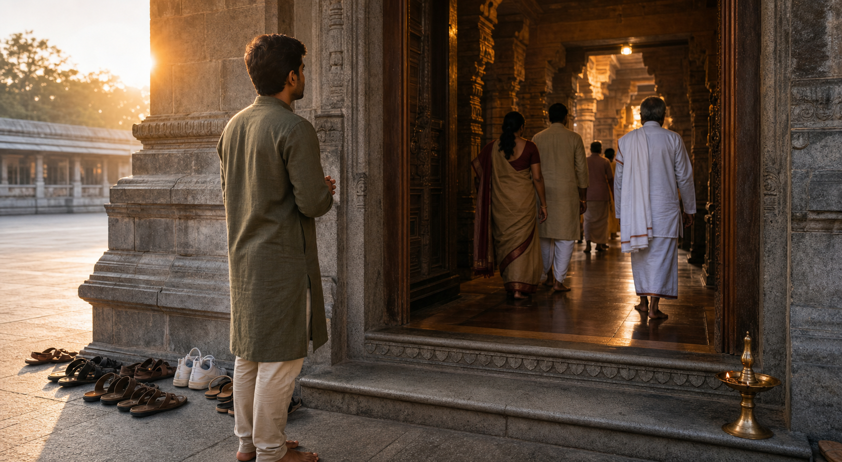 A temple visitor pauses at the entrance near footwear left outside and observes worshippers before approaching the sanctum.