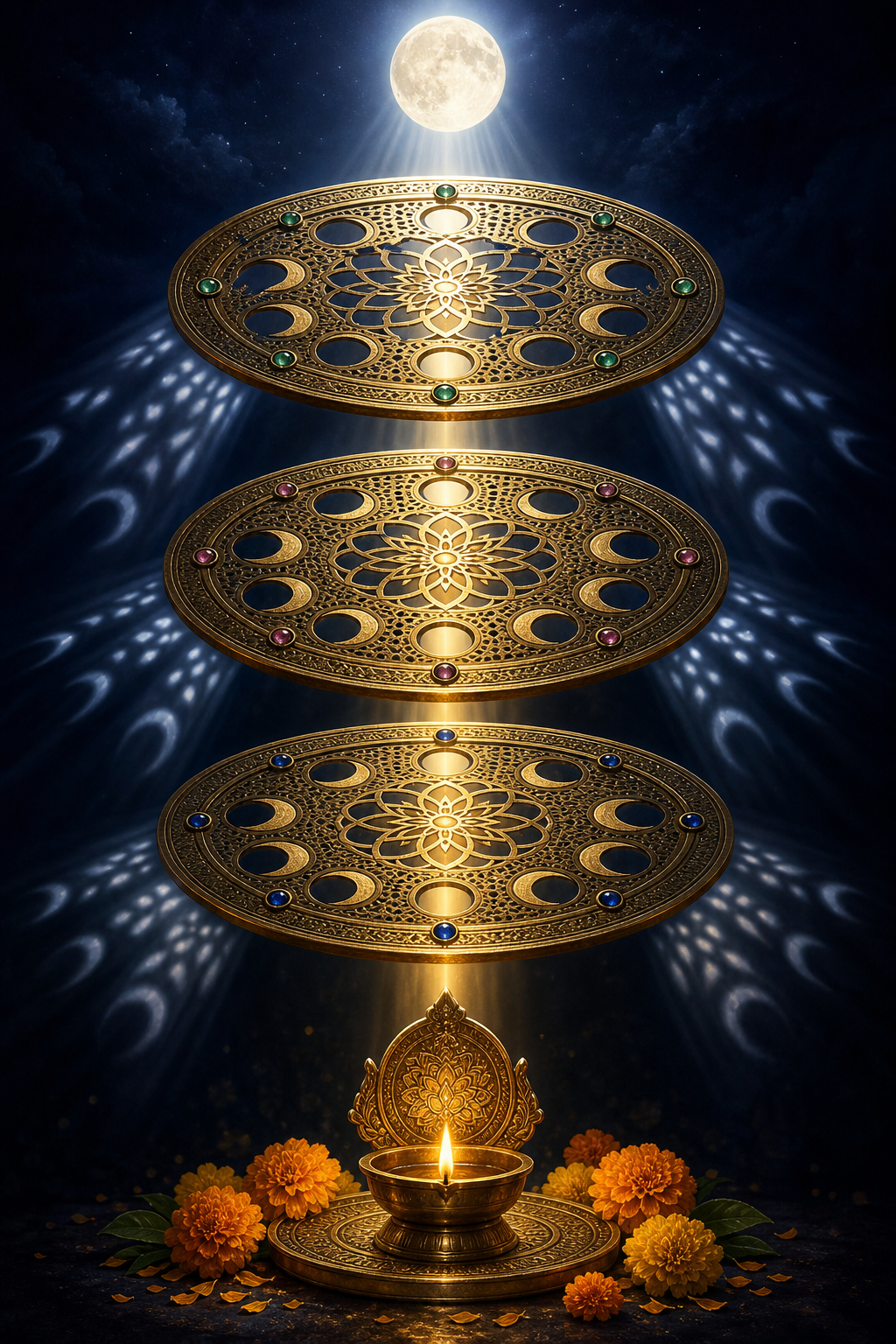 Moonlight passes through three ornate brass screens and emerges as one golden beam above a lamp and marigold flowers.
