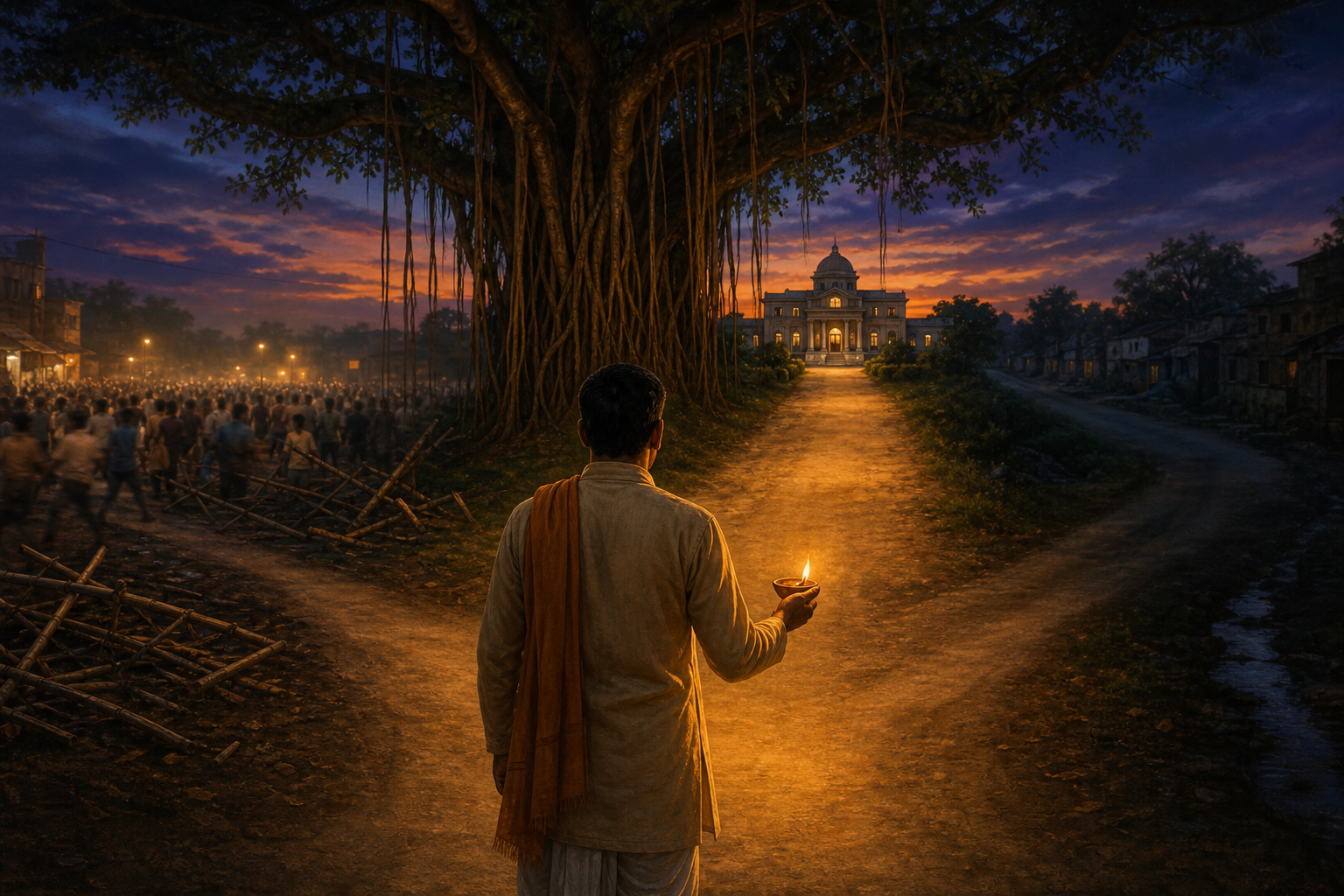 A person holding a clay lamp chooses a central path toward a courthouse between a blurred crowd and a dark empty road beneath a banyan tree.