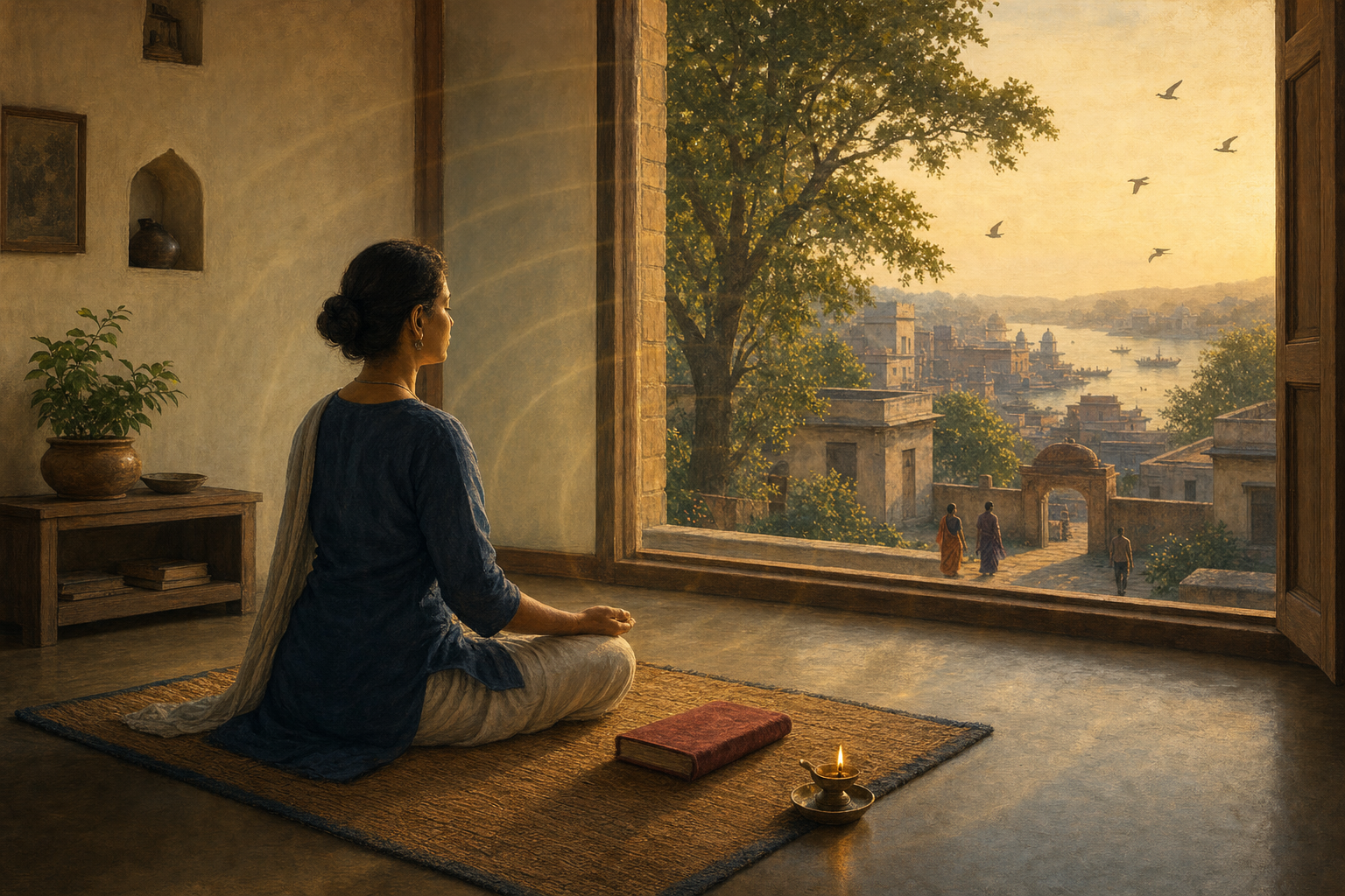 A person meditates on a woven mat at dawn beside an oil lamp as golden light extends through an open window to a tree, neighbors, birds, rooftops, and a river.
