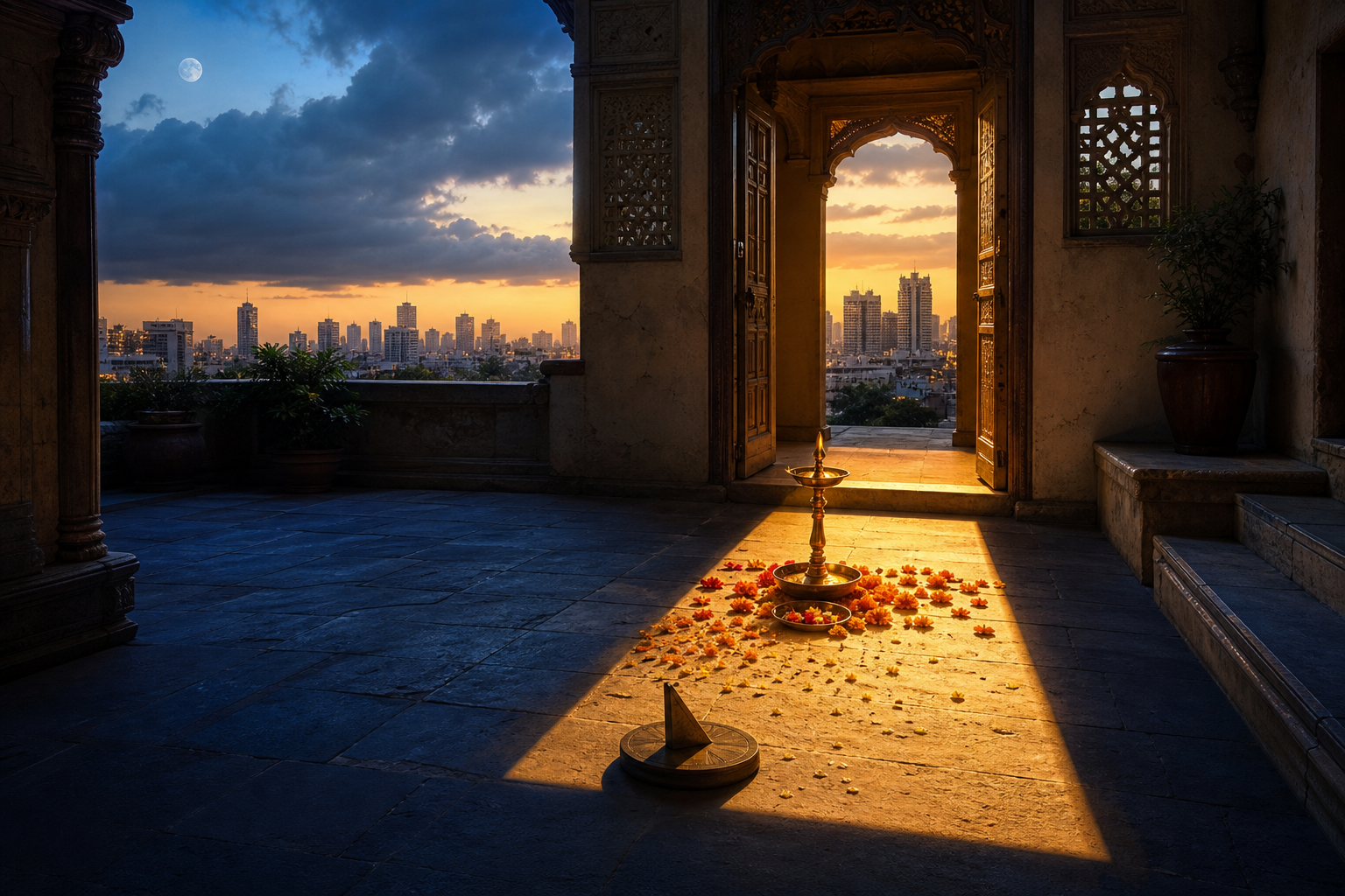 A narrow window of golden light illuminates a ceremonial lamp and flower petals in a courtyard while the surrounding city remains in blue shadow.