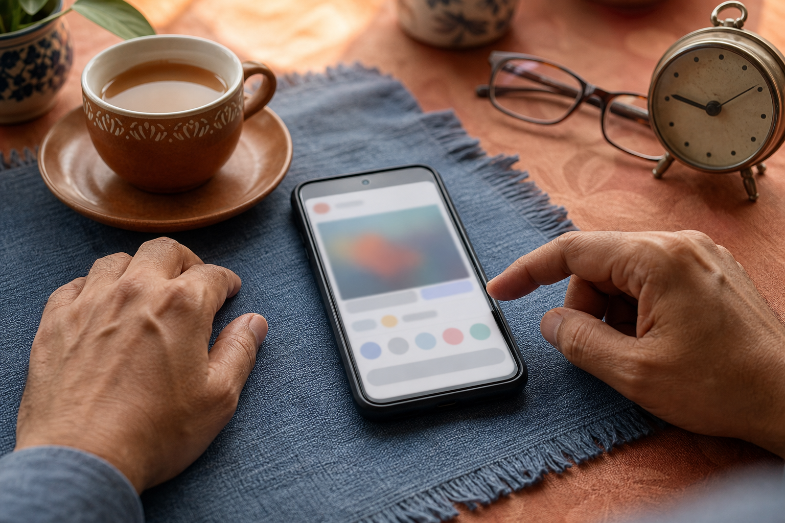 A hand pauses above a smartphone beside reading glasses, tea, and a clock in a softly lit room.