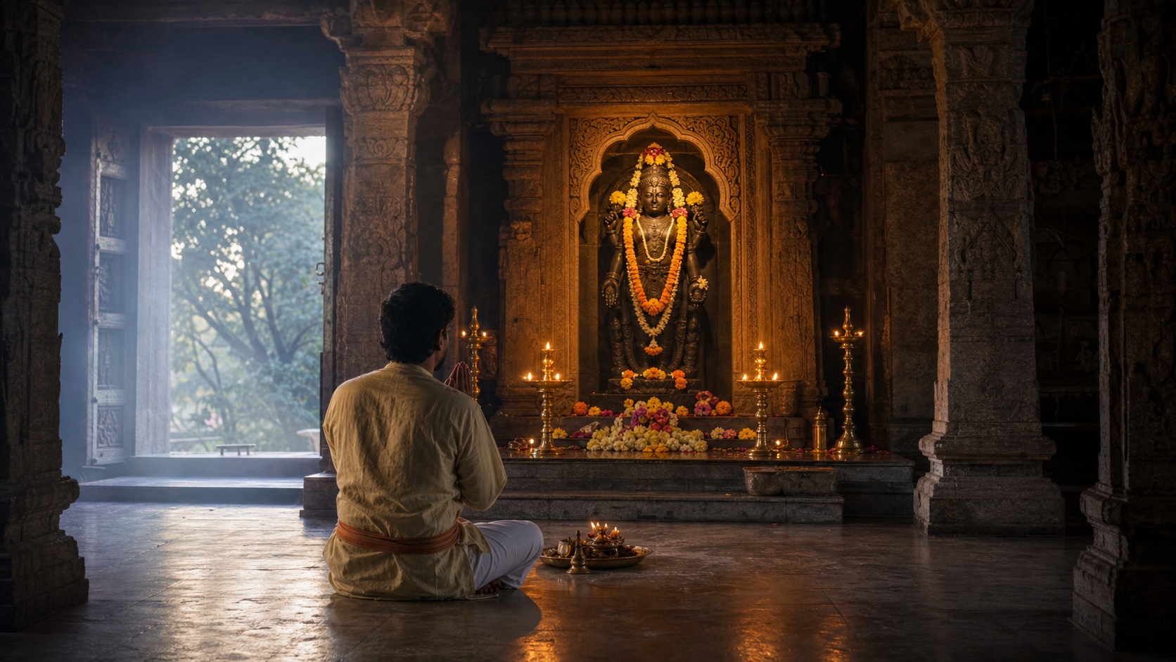 A devotee with joined hands stands before a flower-adorned stone murti in a softly lit Hindu temple sanctum.