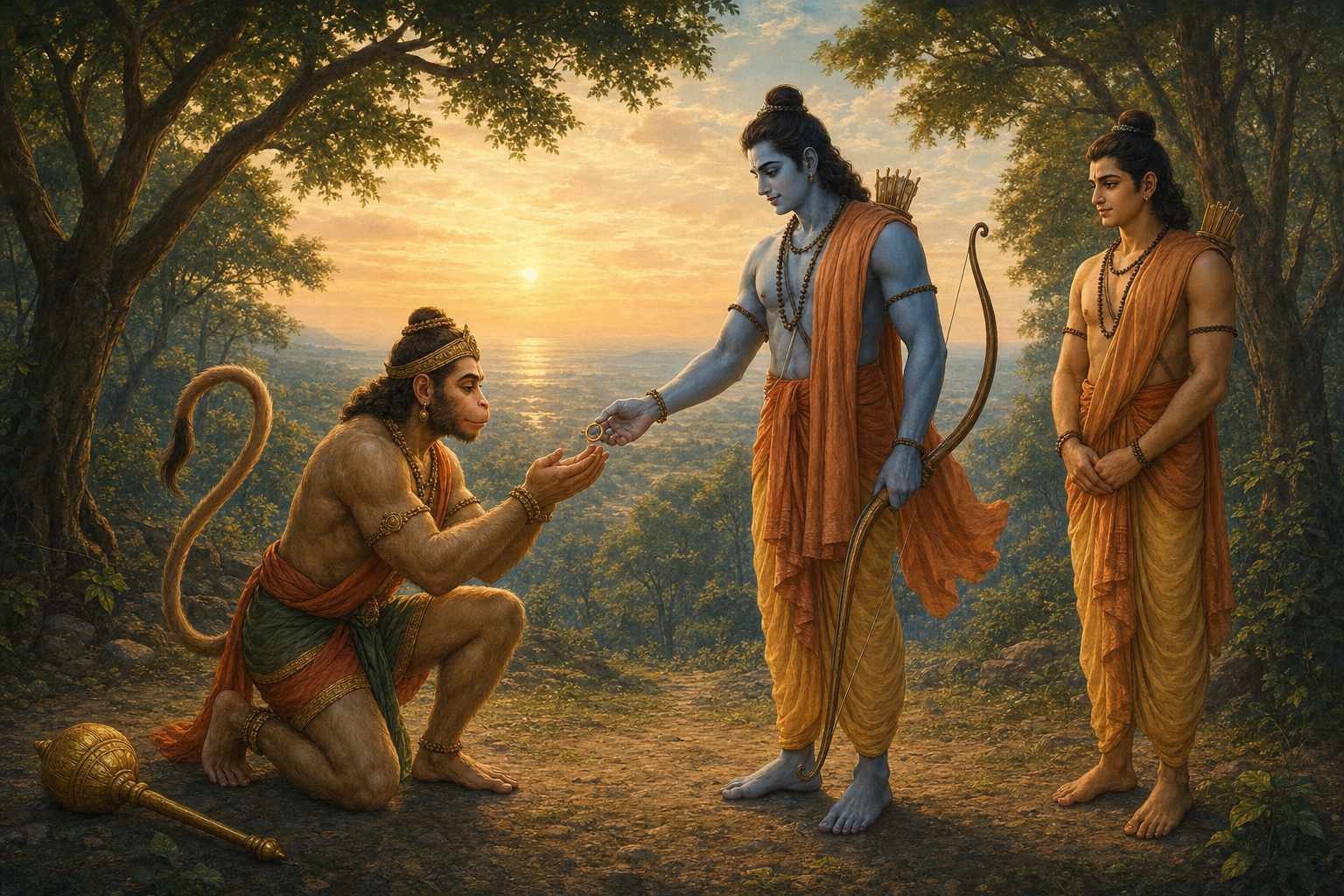 Hanuman kneels in a forest clearing and receives a signet ring from Rama while Lakshmana stands nearby at dawn.