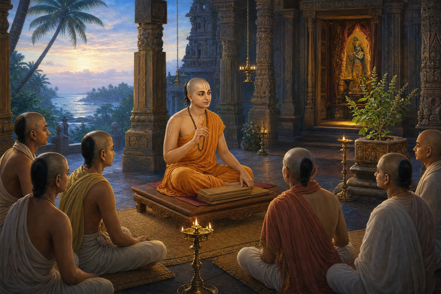 Illustration of saffron-robed Madhvacharya teaching seated students beside palm-leaf manuscripts in a coastal Karnataka temple courtyard.