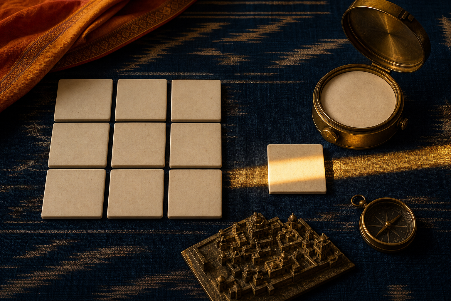 Blank calendar tiles, a brass clock and a compass are arranged beside a narrow band of sunlight representing a limited local time window.