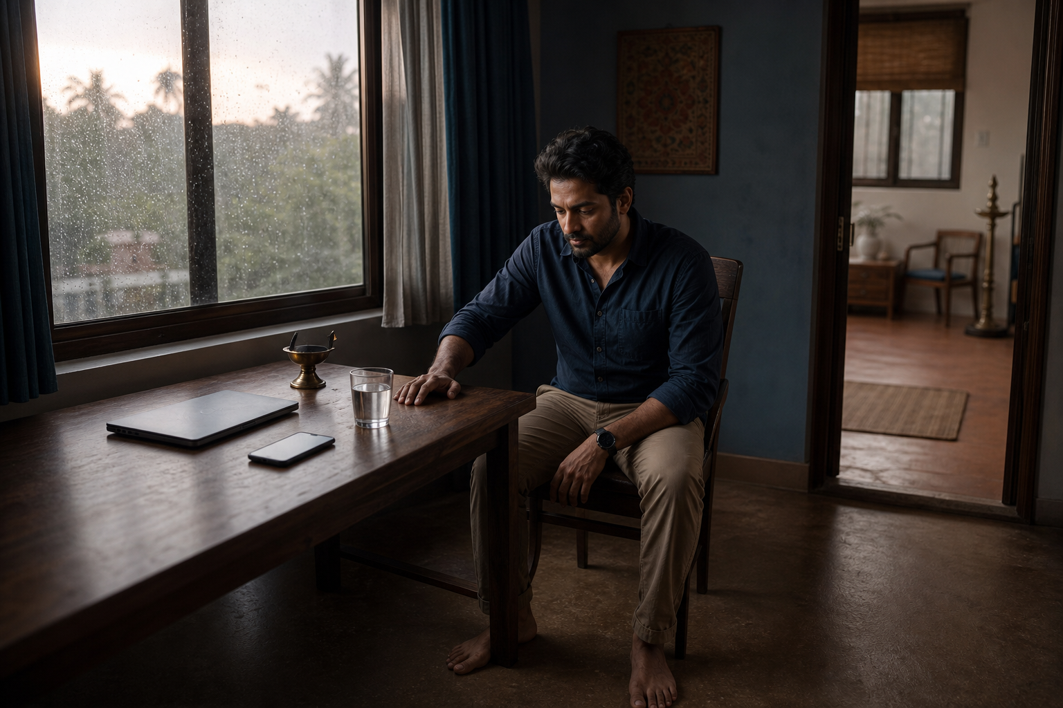 Four connected garden scenes show adults meditating, walking mindfully, serving a meal, and talking with a supportive companion.