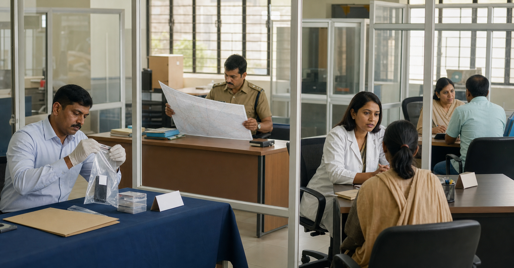 Civil servants, an investigator, a medical professional, and a legal aid worker carry out separate duties in an orderly district office.