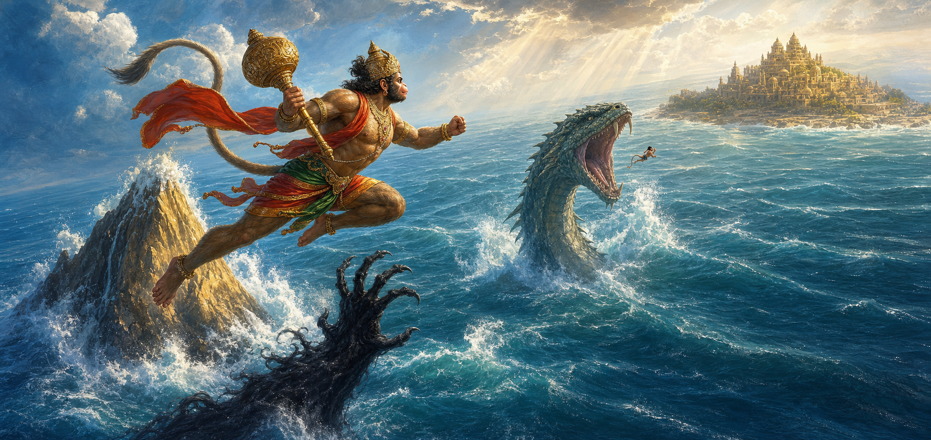 Hanuman flies over a vast ocean toward a distant island, adapting his size and movement as several mythic obstacles rise along his path.