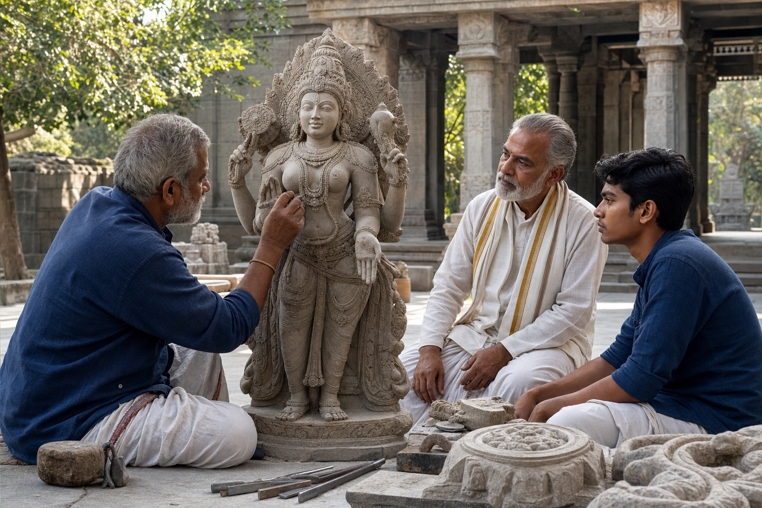 A traditional stone artisan, scholar, and apprentice examine the gestures and attributes of a nearly completed murti in a temple courtyard workshop.