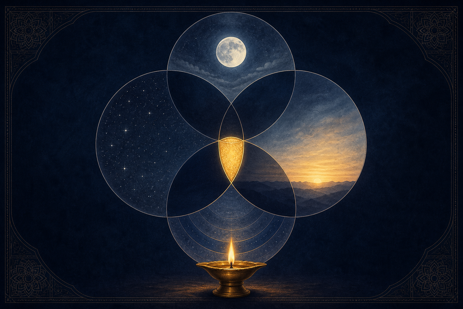 Translucent moon, star, horizon and time layers overlap to form one narrow golden opening above a brass oil lamp.