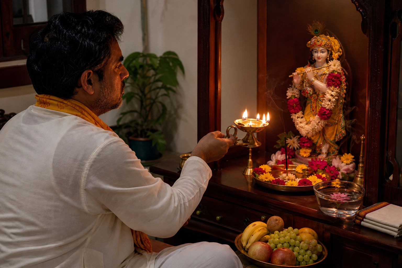 A seated devotee performs evening puja with a brass oil lamp before a small flower-decorated home shrine.