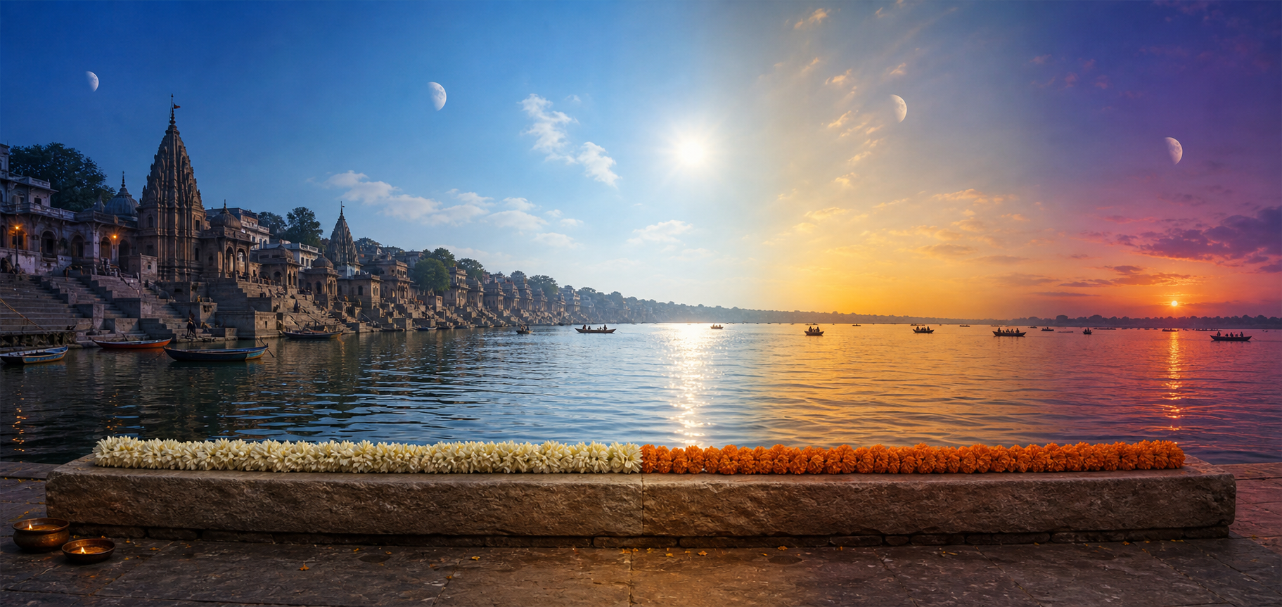 A continuous temple landscape progresses from predawn to evening as the moon moves and two flower garlands meet at a transition within the same day.