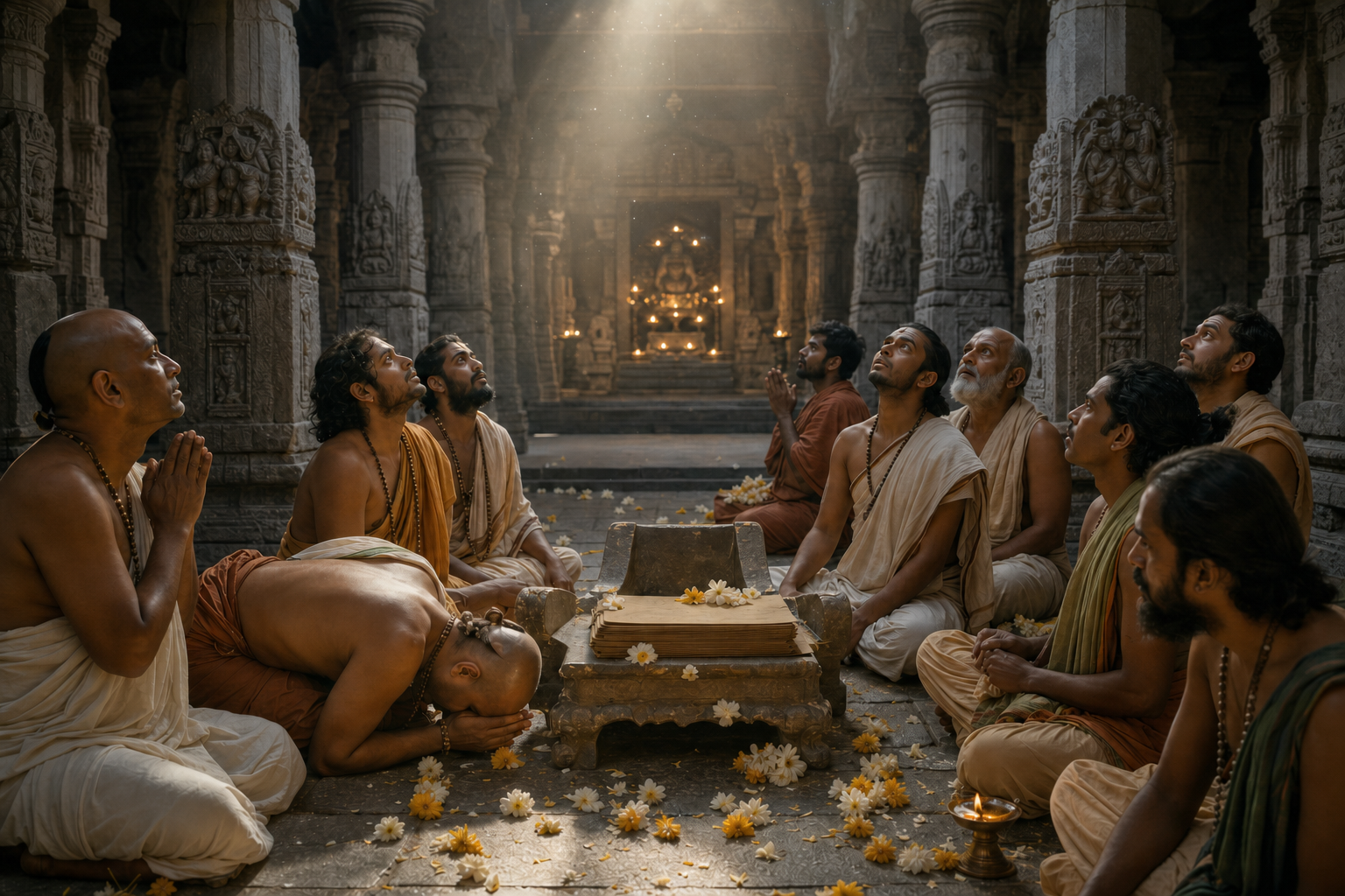 An empty teaching seat with palm-leaf manuscripts and scattered flowers stands before reverent disciples in a stone temple hall.