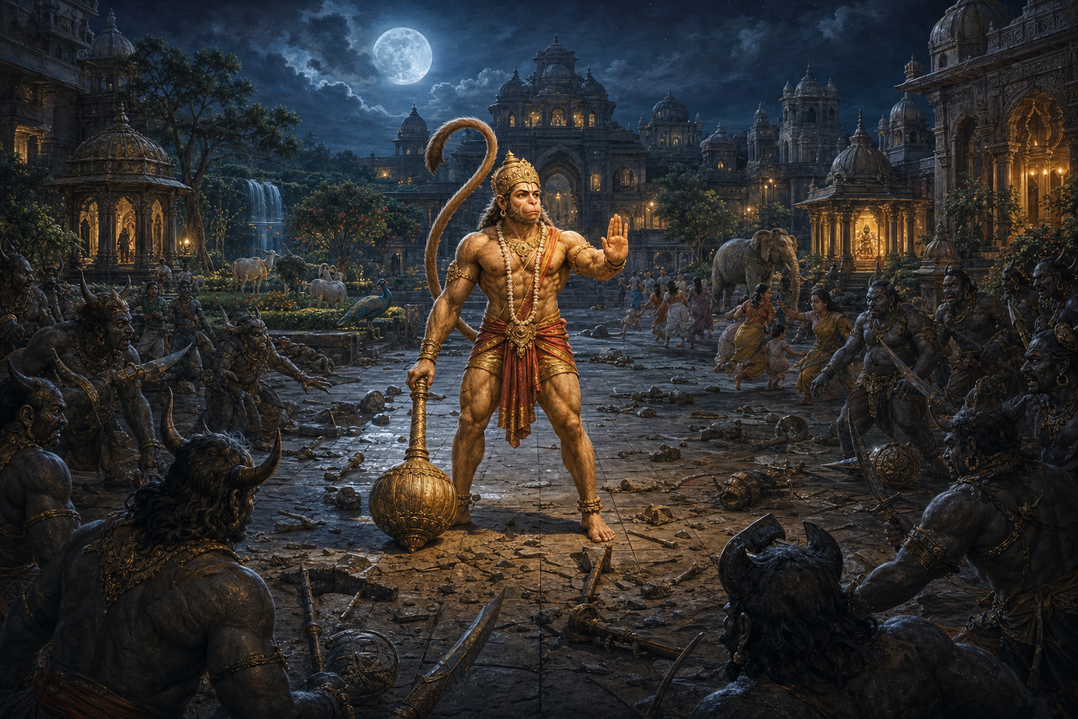 Hanuman stands with his mace grounded in a moonlit Lanka courtyard, holding a calm defensive posture while armed warriors surround him.