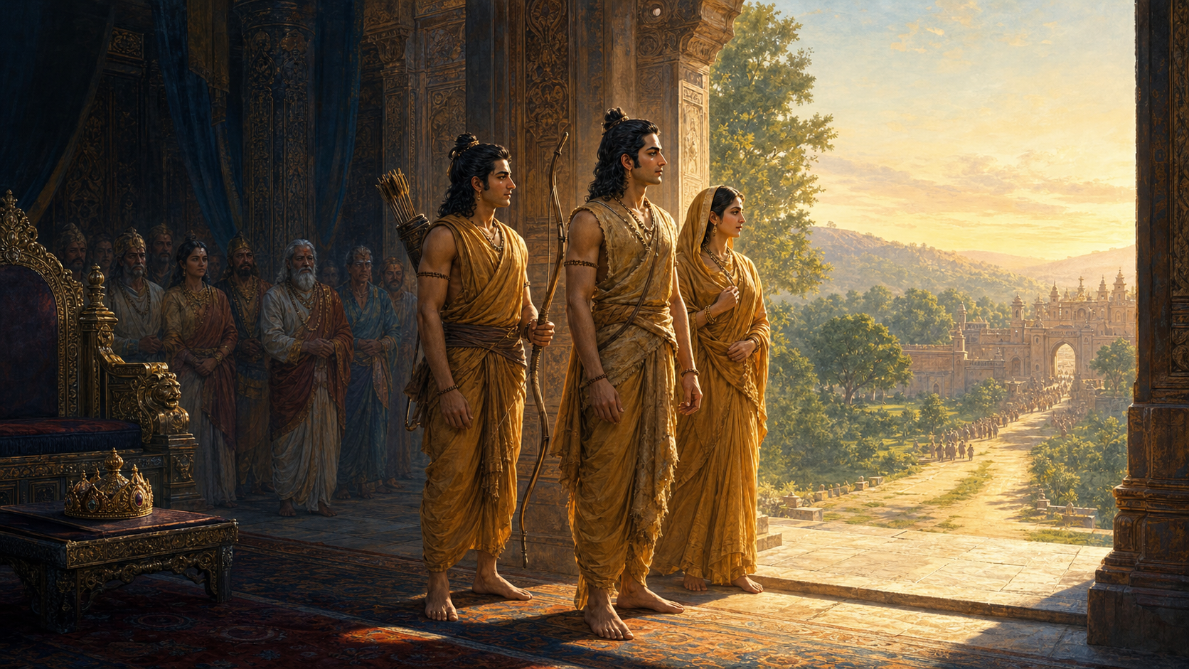 Rama in simple exile garments stands with Sita and Lakshmana at a palace gateway, with an empty throne and crown behind them and a forest road ahead.