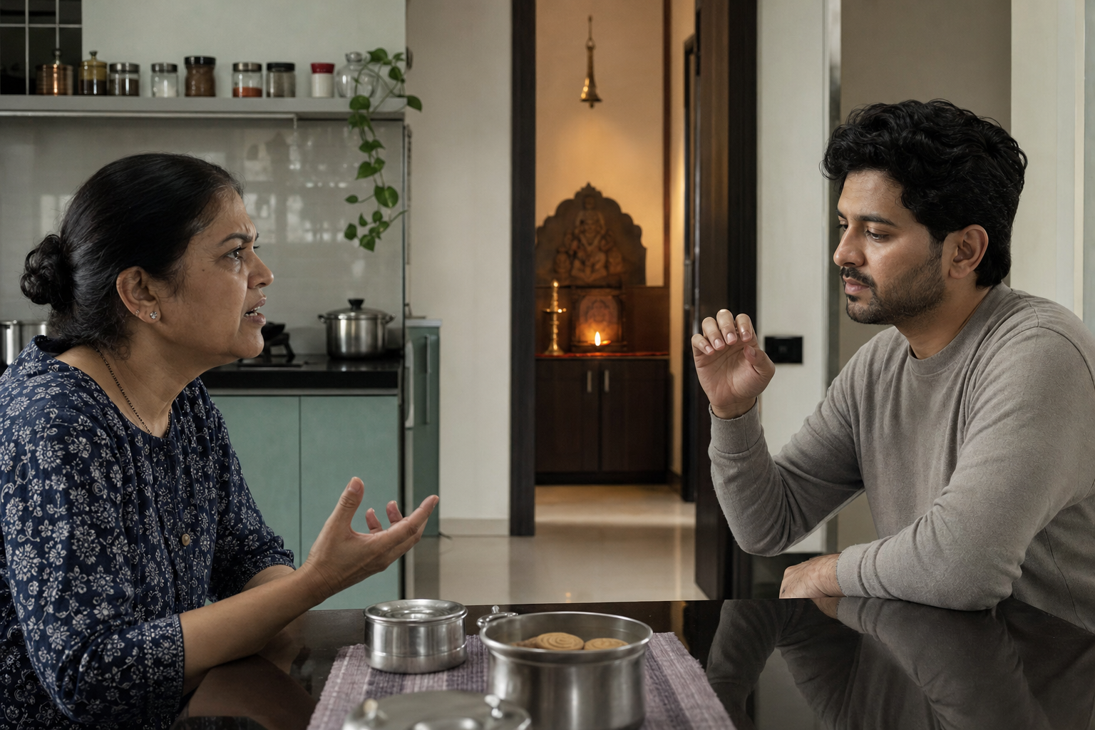 One person pauses calmly during a tense family conversation while a softly lit home shrine is visible in the next room.