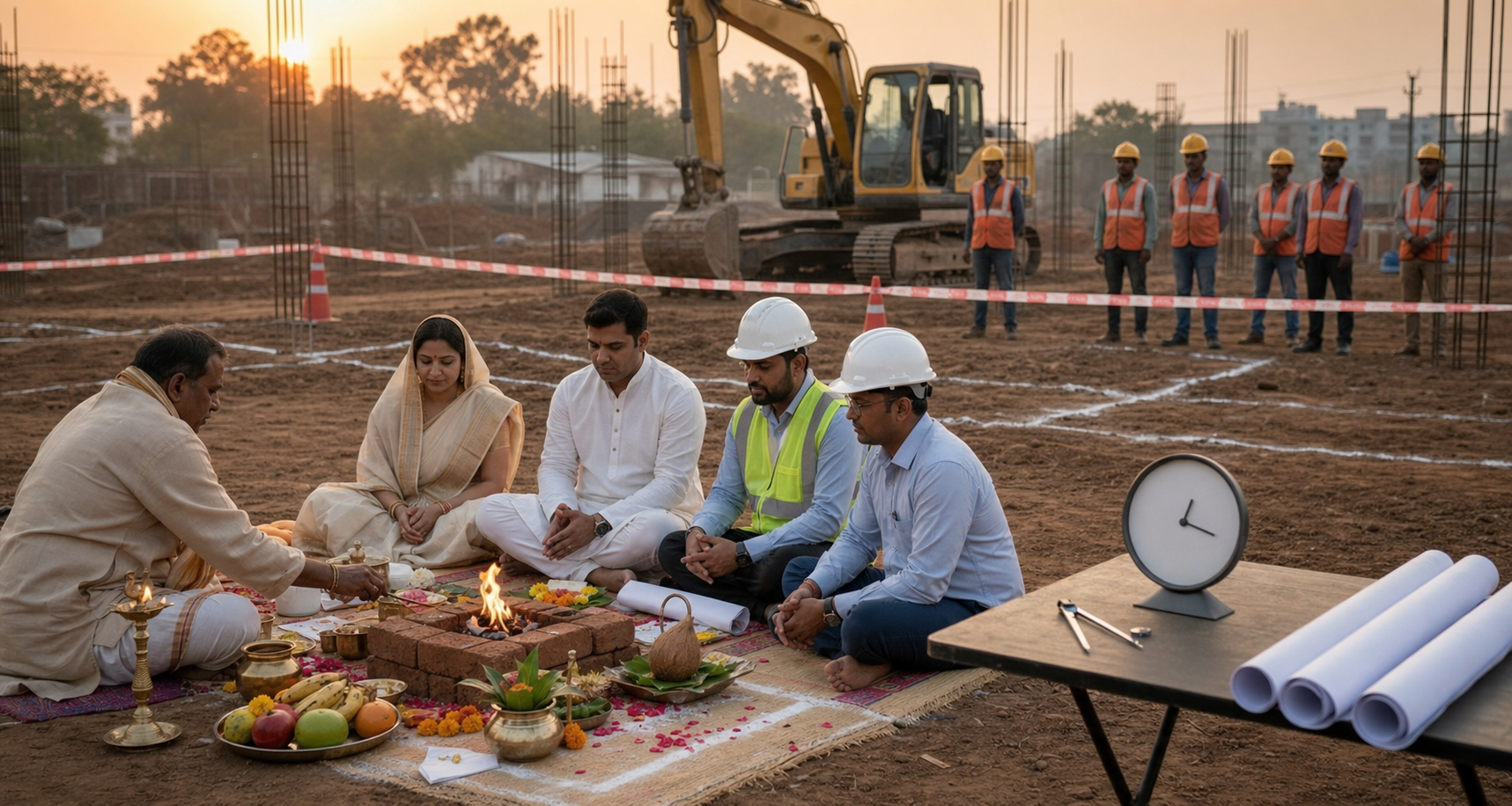 A priest, homeowners and construction professionals conduct a dawn ground-breaking ritual beside foundation lines while workers and machinery wait nearby.