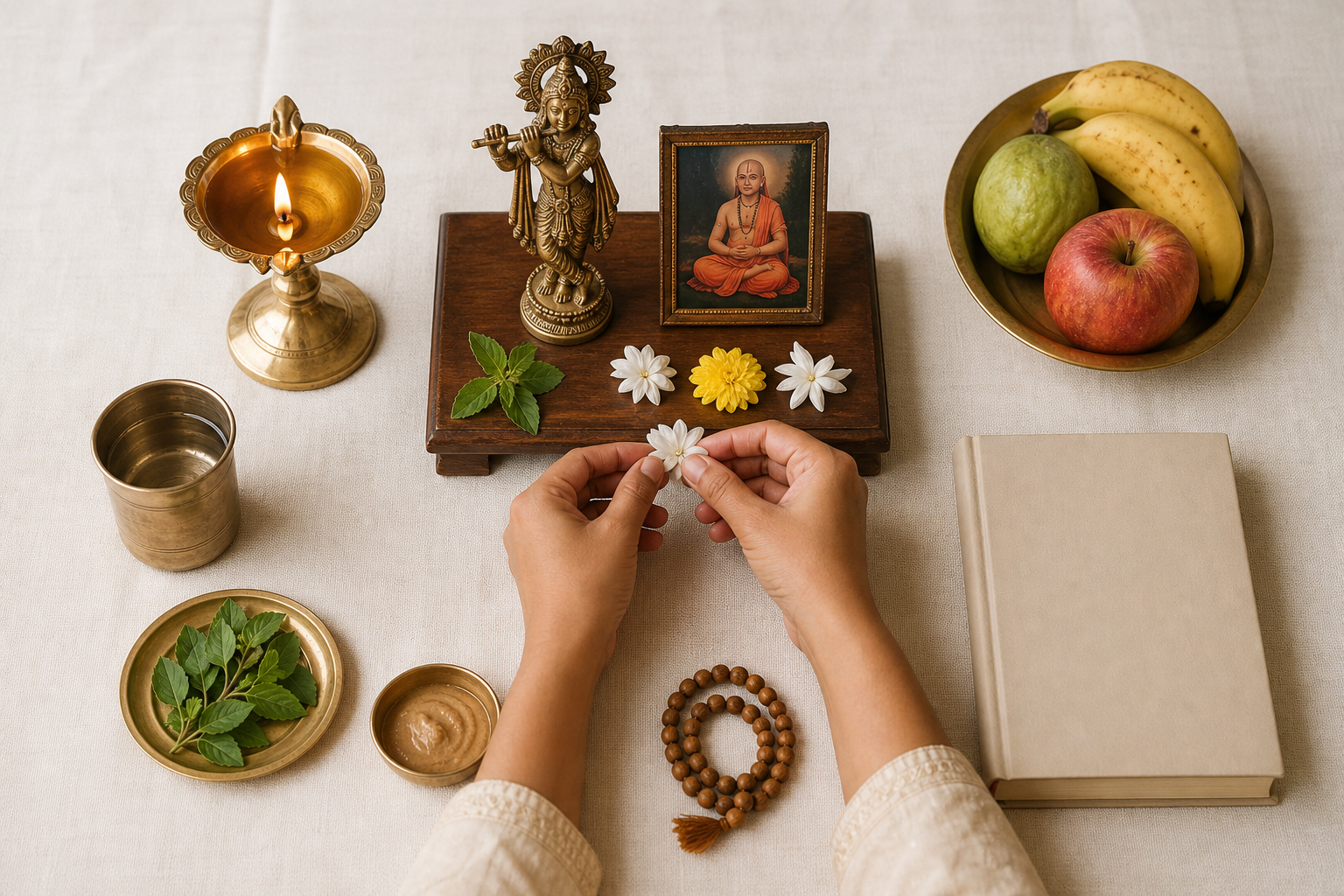 Hands place a flower at a simple home altar with a Krishna image, a teacher portrait, an oil lamp, tulsi leaves, fruit, water, prayer beads, and a closed book.