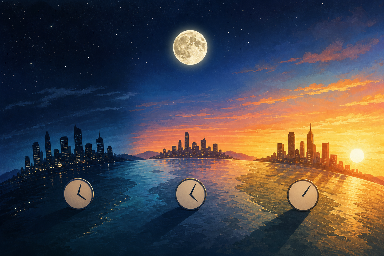 The Moon above three city skylines experiencing different stages of night and sunrise.