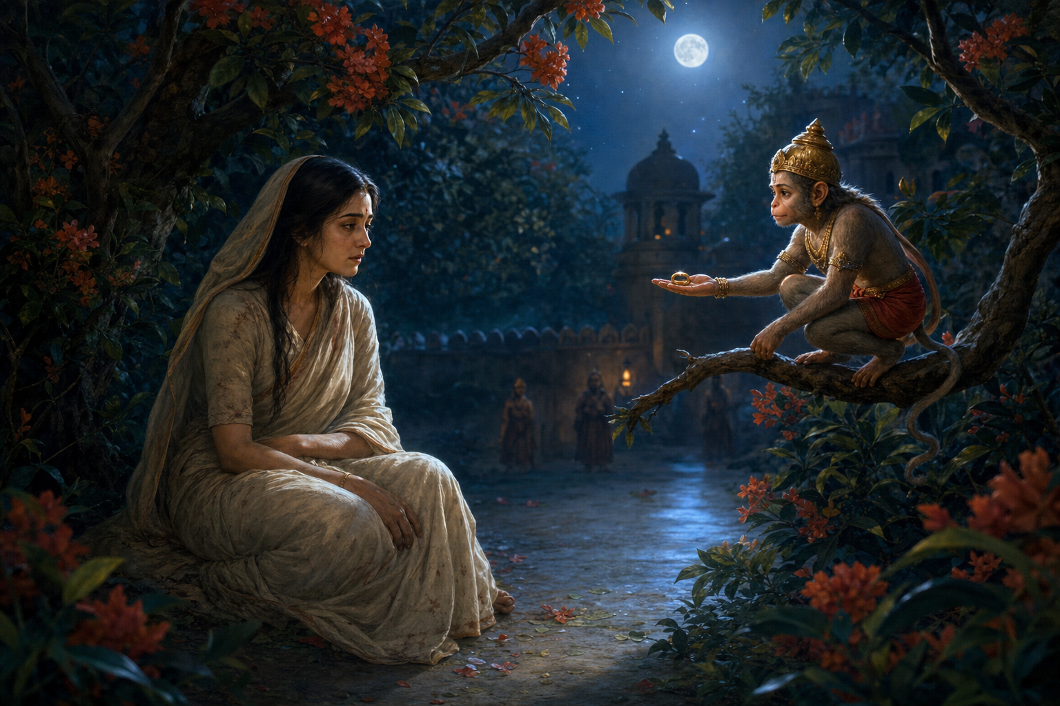 Sita sits beneath a flowering tree in the Ashoka grove as a small Hanuman respectfully presents Rama's ring from a nearby branch.