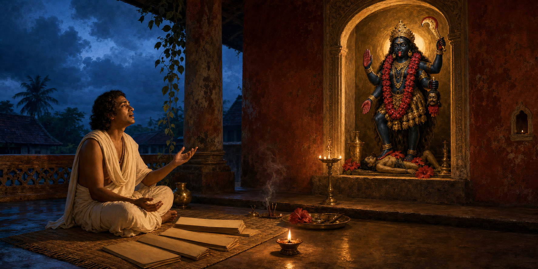 A Bengali poet-devotee sings by an oil lamp before a small Kali shrine in a terracotta-walled household at dusk.
