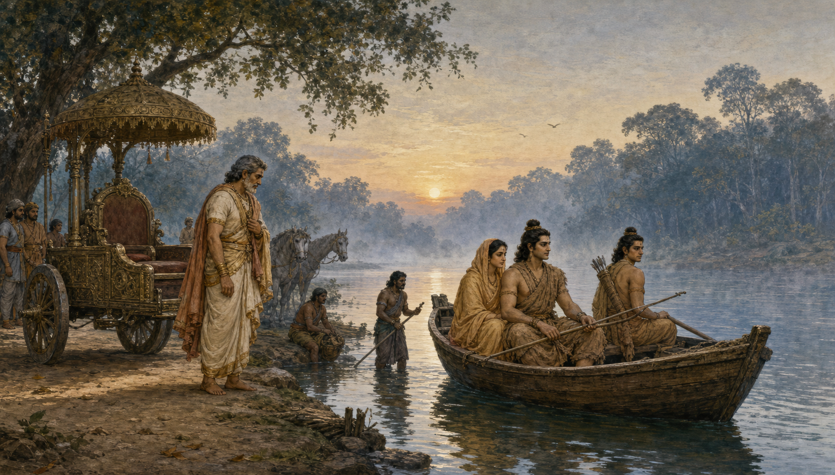 Rama, Sita, and Lakshmana cross a misty river by boat while Sumantra and the royal chariot remain on the shore behind them.